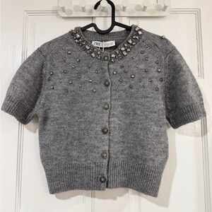 Zara Gray Embellished Knit Sweater